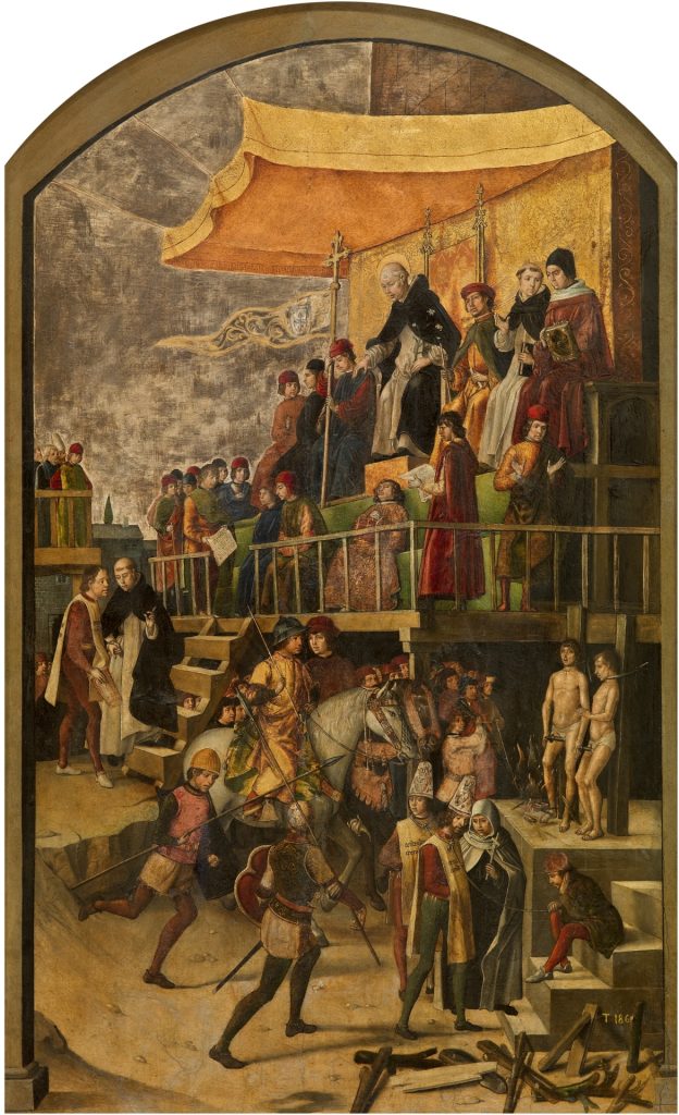 Pedro Berruguete, Saint Dominic Guzmán presiding over an Auto da fe (c. 1495)