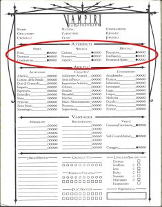 Vampiri; La Masquerade - scheda personaggio. Sezione attributi