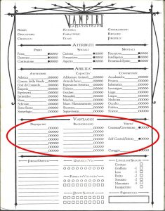 Vampiri; La Masquerade - scheda personaggio. Sezione vantaggi.