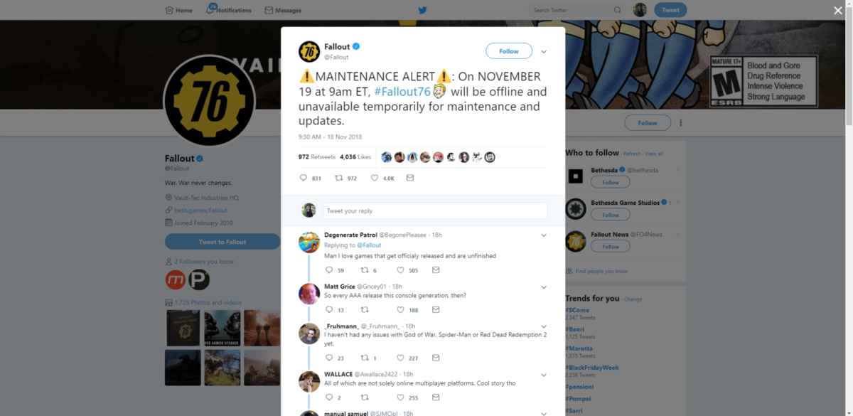 Tweet ufficiale che preannuncia una manutenzione dei server di Fallout 76 per il 19 Novembre
