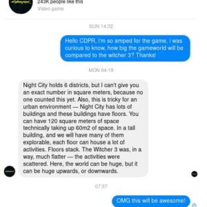la chat in cui CDPR afferma che Cyberpunk 2077 avrà edifici esplorabili da cima a fondo