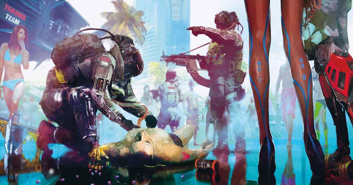 Artwork di Cyberpunk 2077 che ritrae una scena del crimine in mezzo alla città