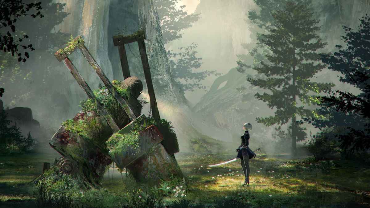 Artwork iconico di Nier Automata, dove viene raffigurata 2B mentre fissa una biomacchina erosa dal tempo
