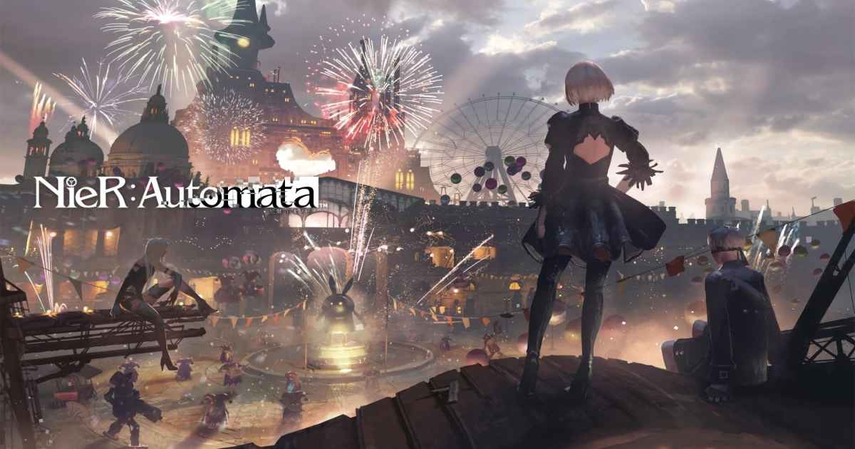 Artwork di NieR: Automata raffiguranti 2B, A2 e 9S al Luna Park