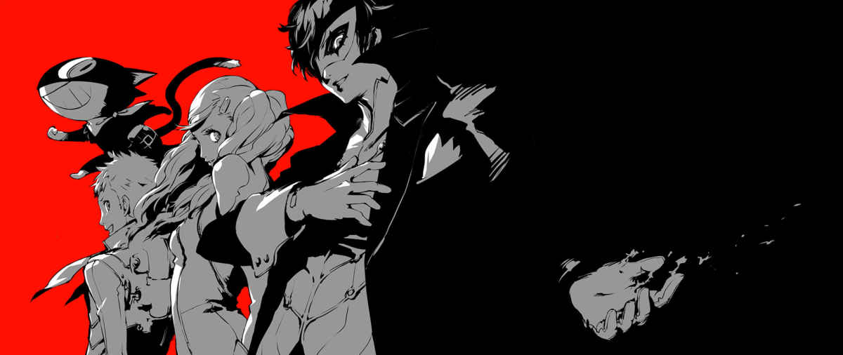 Artwork di Persona 5 raffigurante i Phantom Thieves con l'iconica coppia di colori rossi e neri