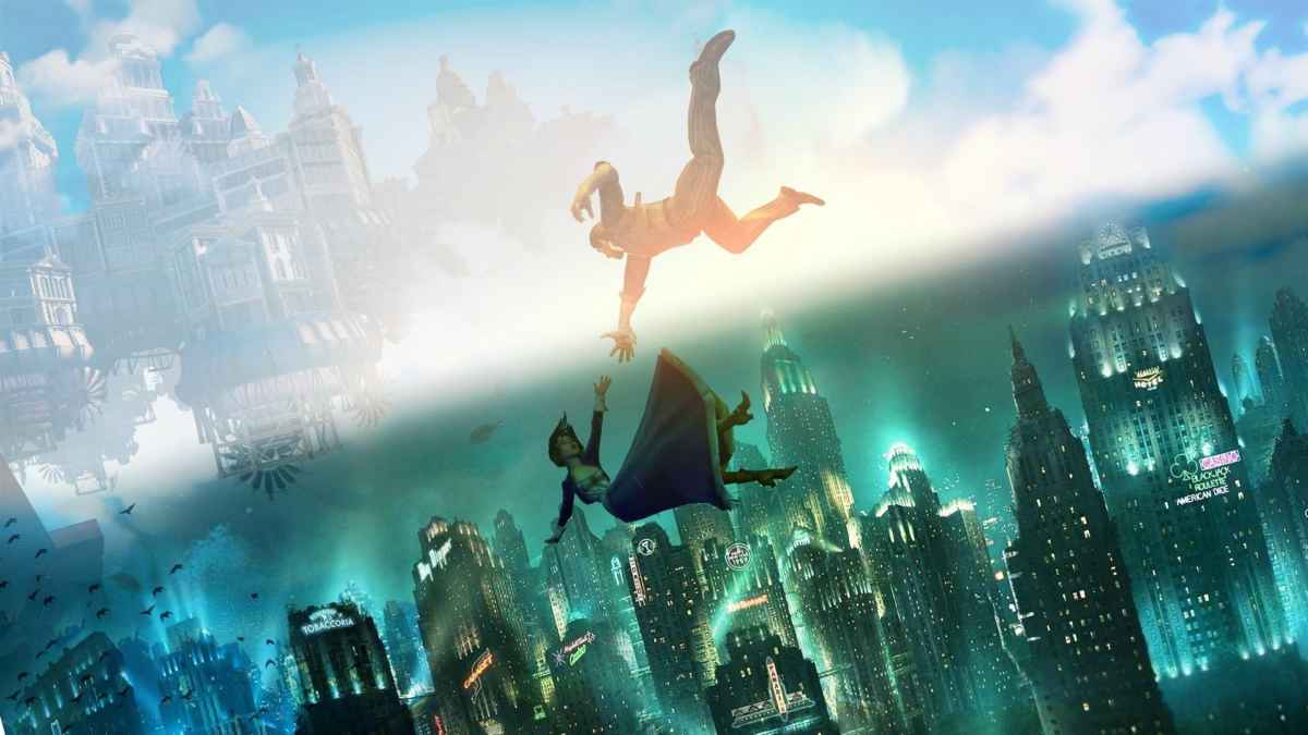 Artwork per Bioshock the Collection che raffigura i protagonisti di Bioshock Infinite cadere dentro Rapture da Columbia