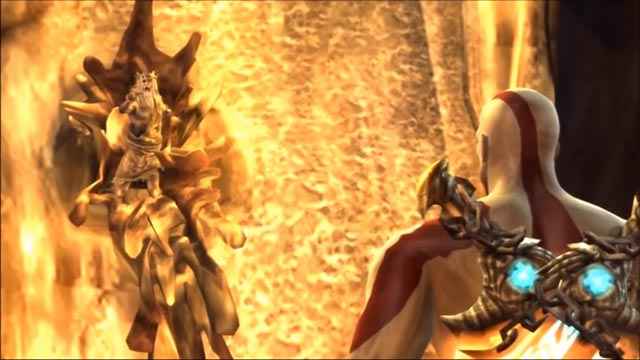 Kratos uccide Re Mida gettandolo nella lava, che diventa d'oro