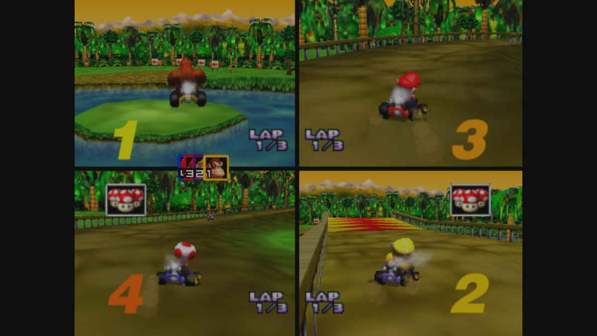 Screenshot da una modalità split screen del mitico Mario Kart 64