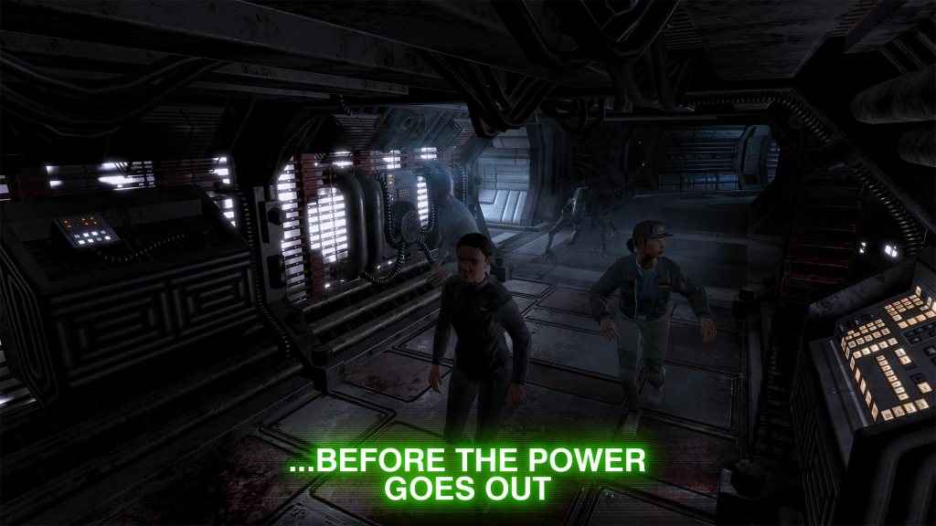 Screenshot di Alien Blackout dove due membri dell'equipaggio della stazione spaziale scappano dallo Xenomorfo