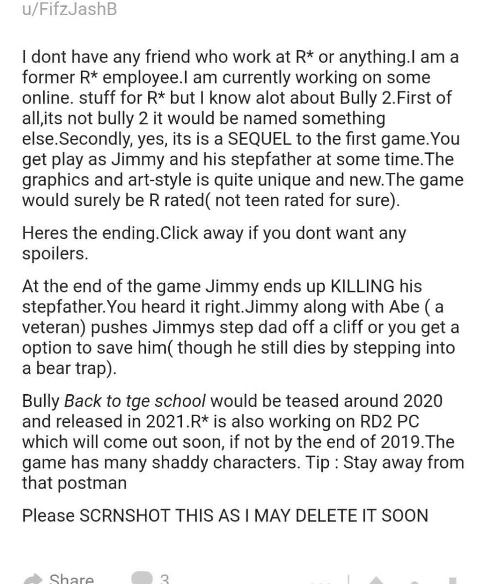 Un post di Reddit che descrive lo sviluppo, la trama e soprattutto la conferma di Bully 2