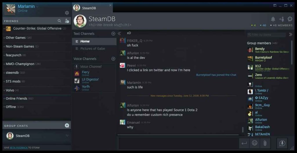 Uno screenshot del nuovo layout della chat di Steam