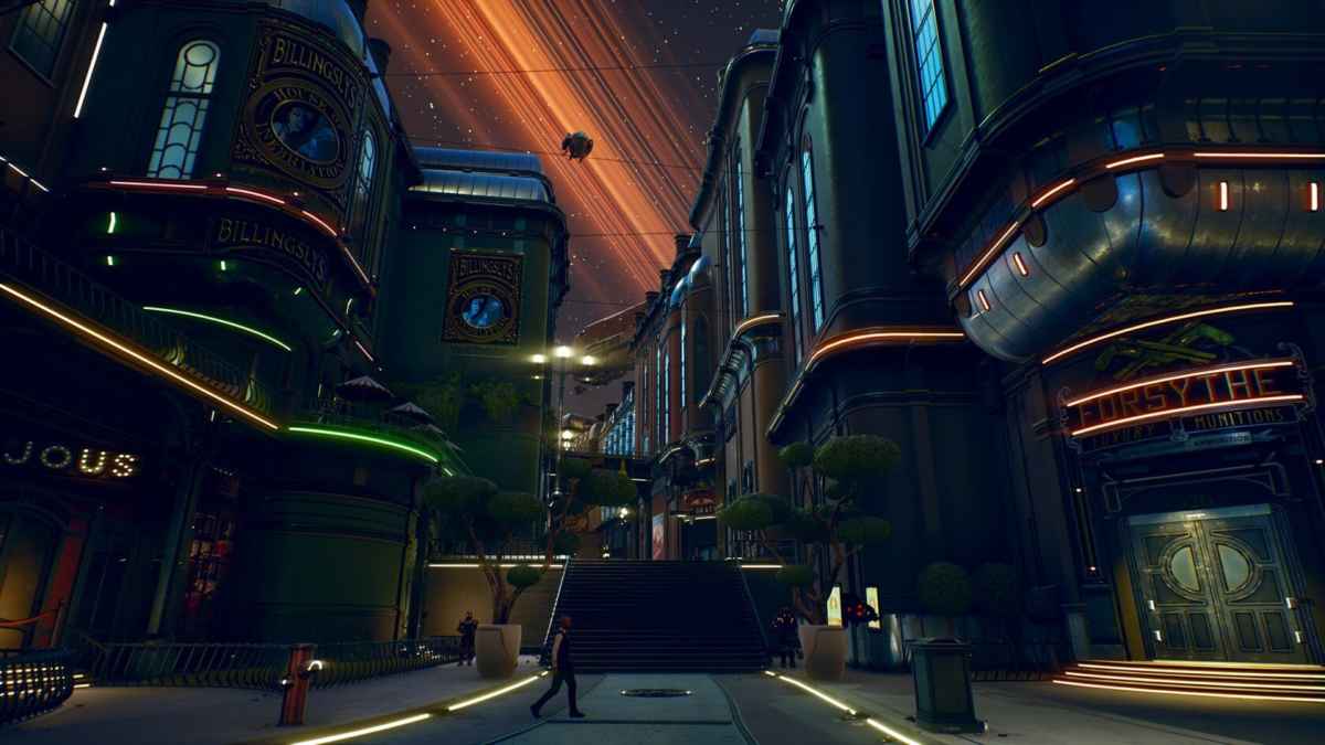 Screenshot raffigurante una città futuristica in The Outer Worlds