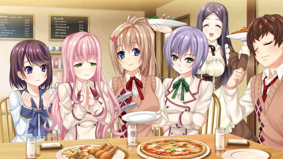Screenshot che ritrae alcuni dei protagonisti di Song of Memories festeggiare in un ristorante