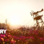 Schermata iniziale di Far Cry New Dawn, che raffigura un campo di fiori con una pala eolica semi-distrutta