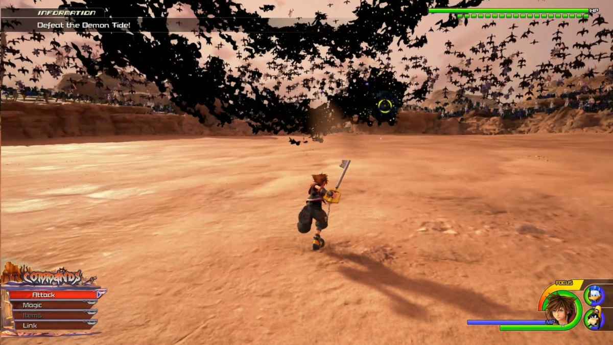Screenshot da Kingdom Hearts 3 che rappresenta la boss fight con la Demon Tide
