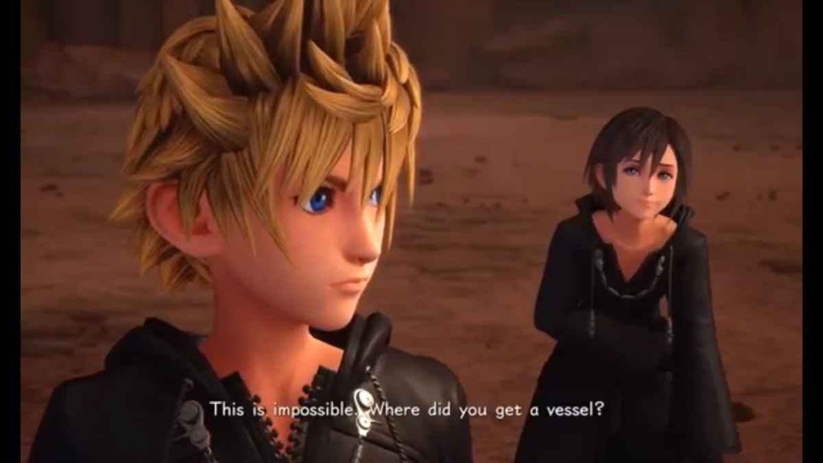 Screenshot tratto da Kingdom Hearts 3 che vede Roxas comparire di fronte a Xion
