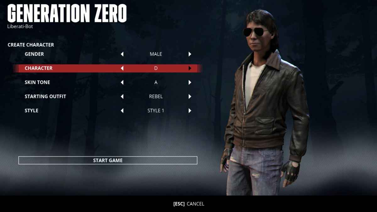 Screenshot da Generation Zero che raffigura il menù di creazione del personaggio