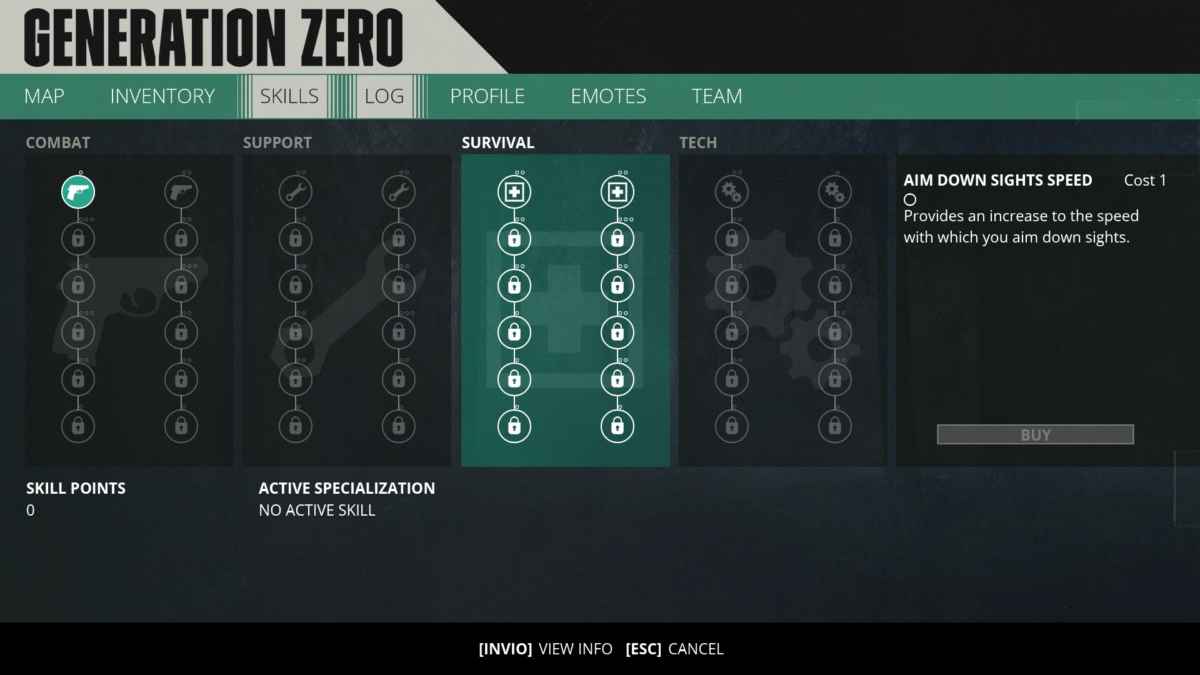 Screenshot da Generation Zero che mostra l'albero delle abilità