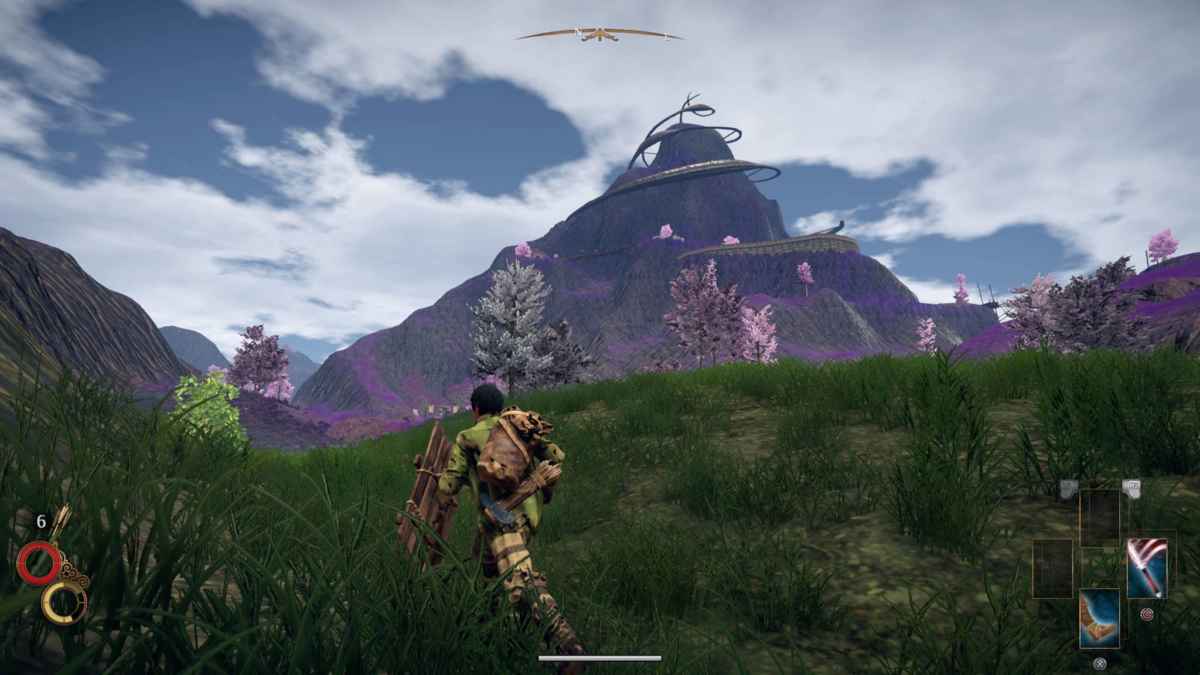 Screenshot di un paesaggio di Outward con un temibile monte sullo sfondo