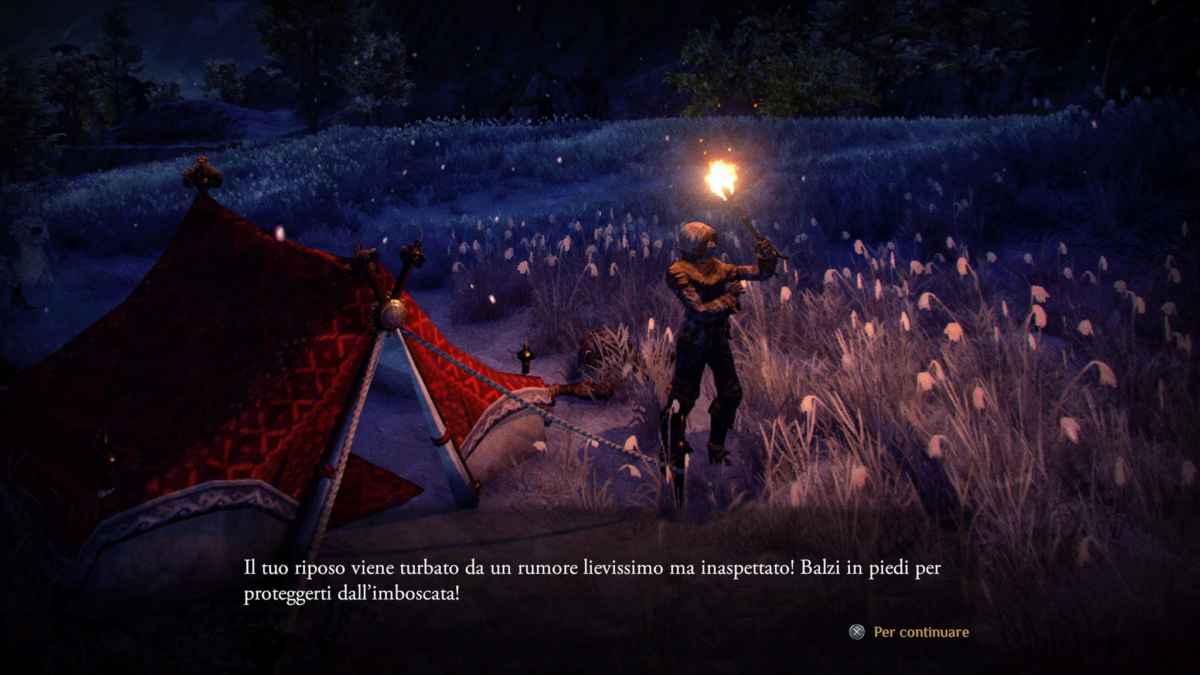 Screenshot di Outward che mostra una schermata di caricamento dopo esser stati assaliti nel sonno da una banda di malavitosi