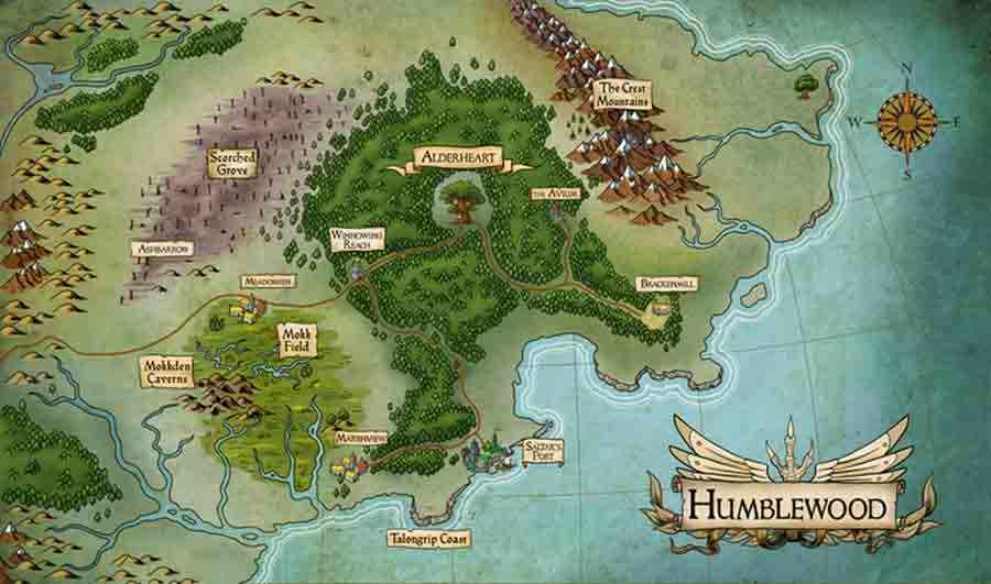 Mappa della foresta di Humblewood e dei territori limitrofi: la catena delle Crest Mountains, la piana riarsa dello Scorched Grove e le terre fluviali di Mokk Field