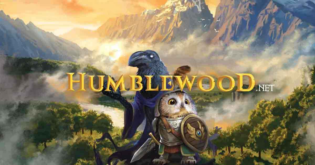 Grafica ufficiale di Humblewood, con un Corvum ed uno Strig sullo sfondo di foreste e montagne
