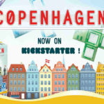 presentazione della campagna kickstarter di copenhagen, con il dettaglio delle facciate dei palazzi la scatola i polimini e il logo queen games