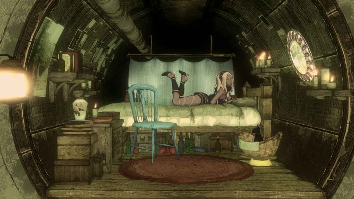 Screenshot dalla remastered di Gravity Rush che ritrae la protagonista Kat nella sua camera