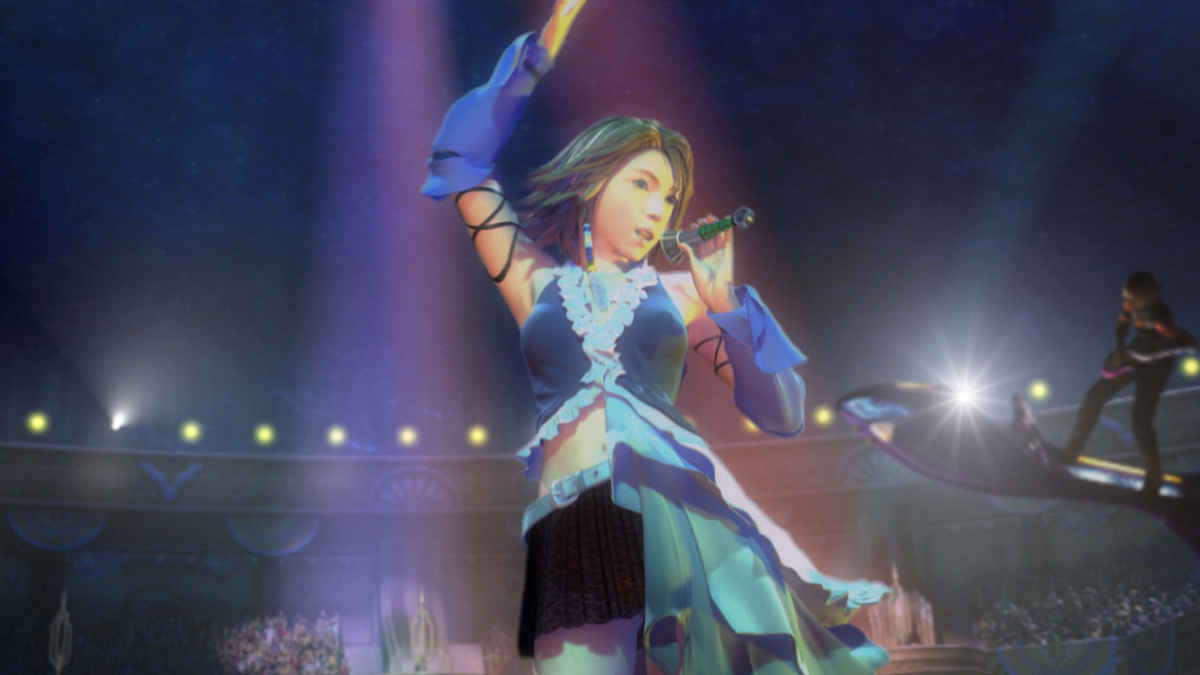 Screenshot dal filmato in CGI iniziale di Final Fantasy X-2 che mostra il concerto di Yuna