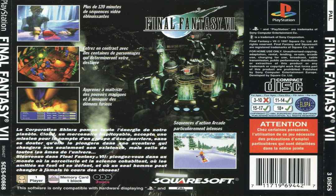 Fotografia del retro della copertina Europea di Final Fantasy VII che mostra la morte di Aerith