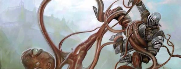 Una creatura tentacolare aggredisce un avventuriero in armatura