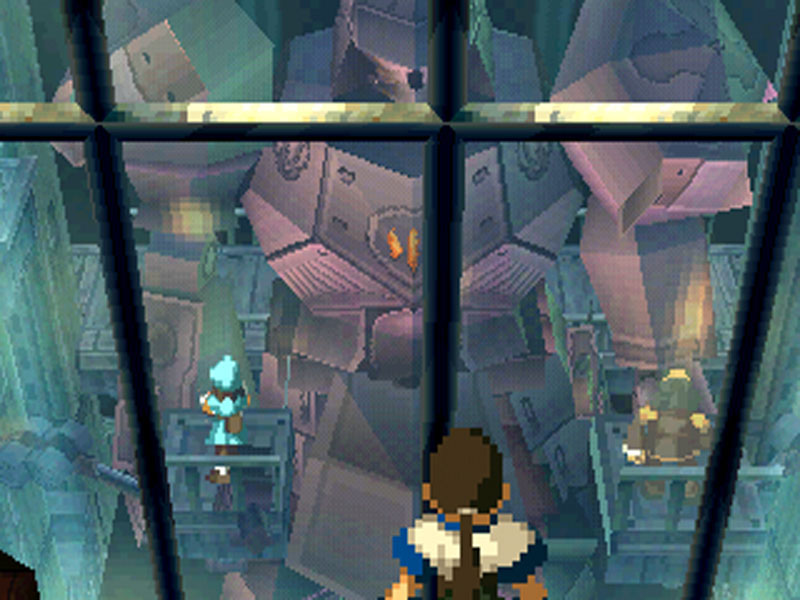 Screenshot da Xenogears che mostra Fei, il protagonista, osservare un Gear