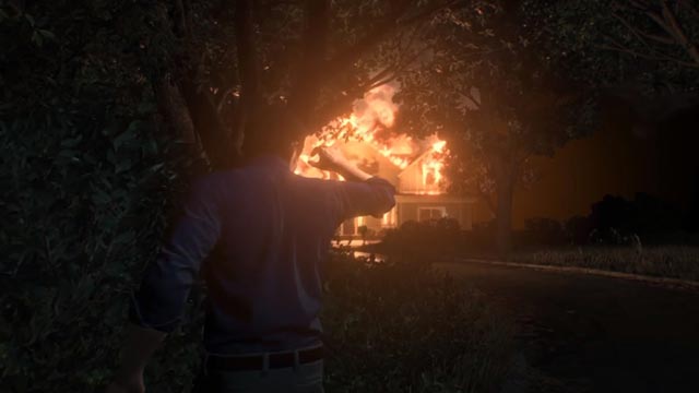 La casa di Sebastian Castellanos in fiamme, in un flashback di The Evil Within 2