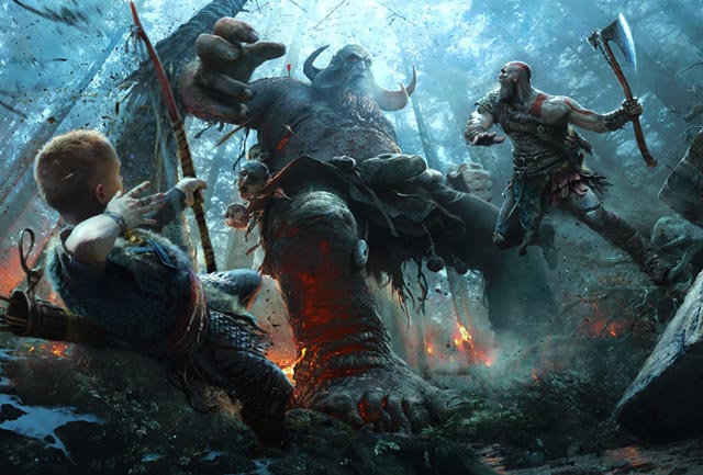 Kratos e Atreus si scontrano con uno dei troll di God of War (2018)