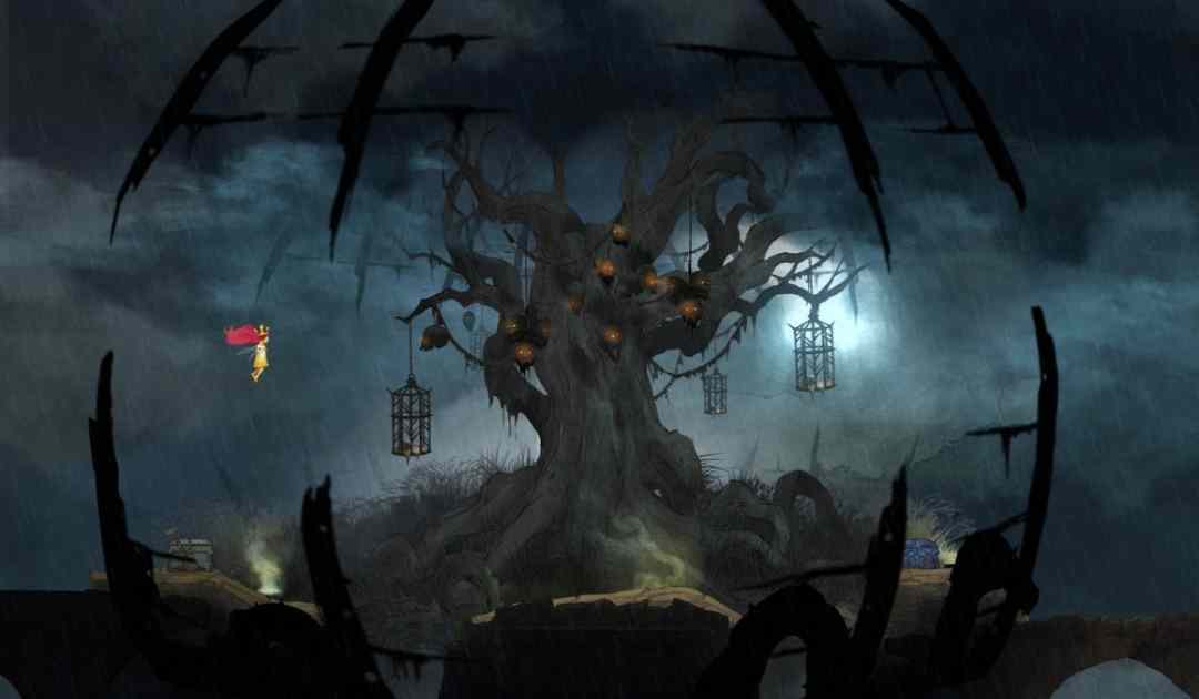 Uno screenshot di un livello di Child of Light dalle tinte oscure