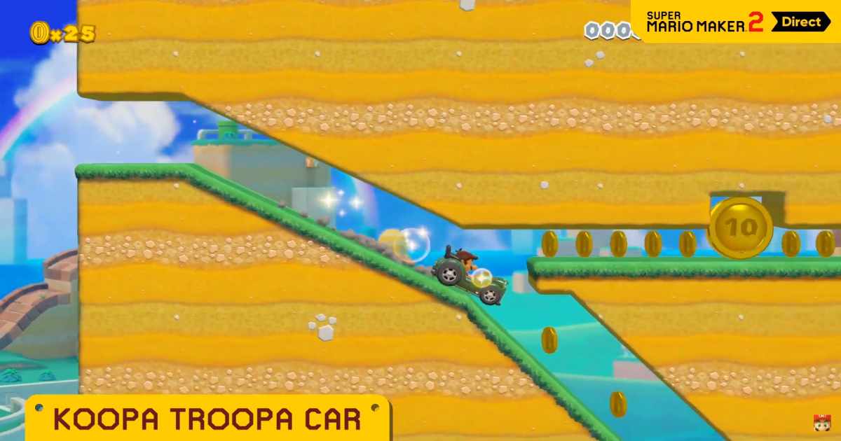 Screenshot che mostra l'introduzione di una macchina per Mario in Super Mario Maker 2 Screenshot che mostra l'introduzione di una macchina per Mario in Super Mario Maker 2