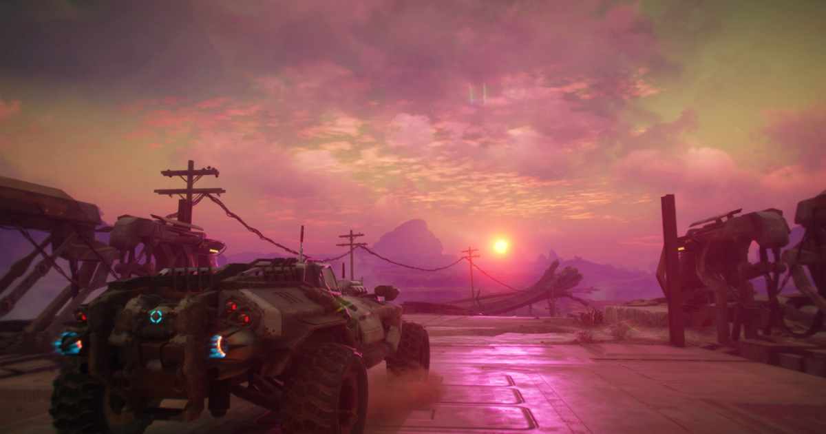 Uno screenshot della modalità fotografica di RAGE 2, che ritrae la Phoenix illuminata dall'alba