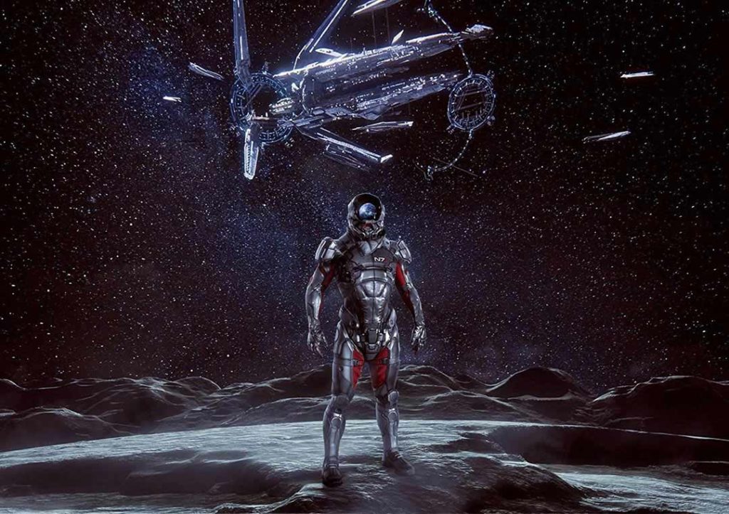 Il Pathfinder di Mass Effect Andromeda, con un'Arca sullo sfondo