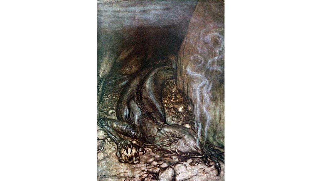 Un'illustrazione di Arthur Rackham, realizzata per l'opera Sigfrido di Richard Wagner, che raffigura Fáfnir