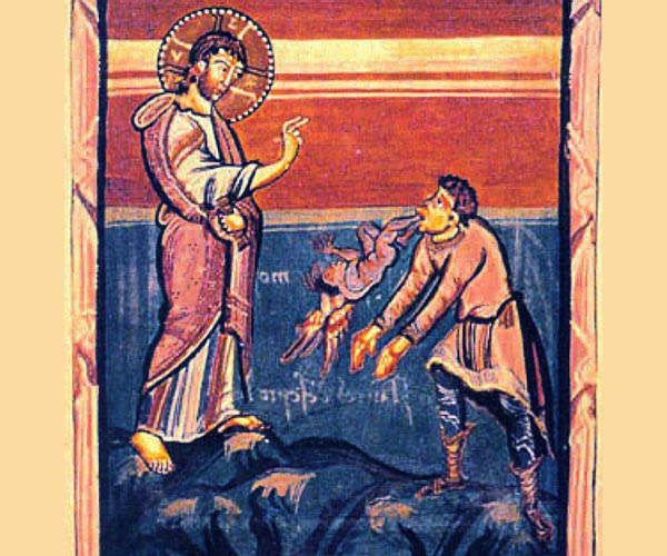 Gesù esorcizza l'indemoniato di Gerasa - miniatura medievale