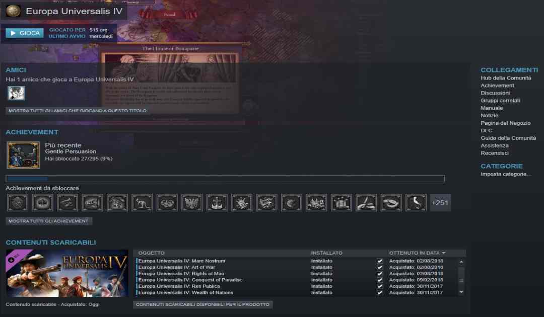 Screenshot di una libreria steam con Europa Universalis IV