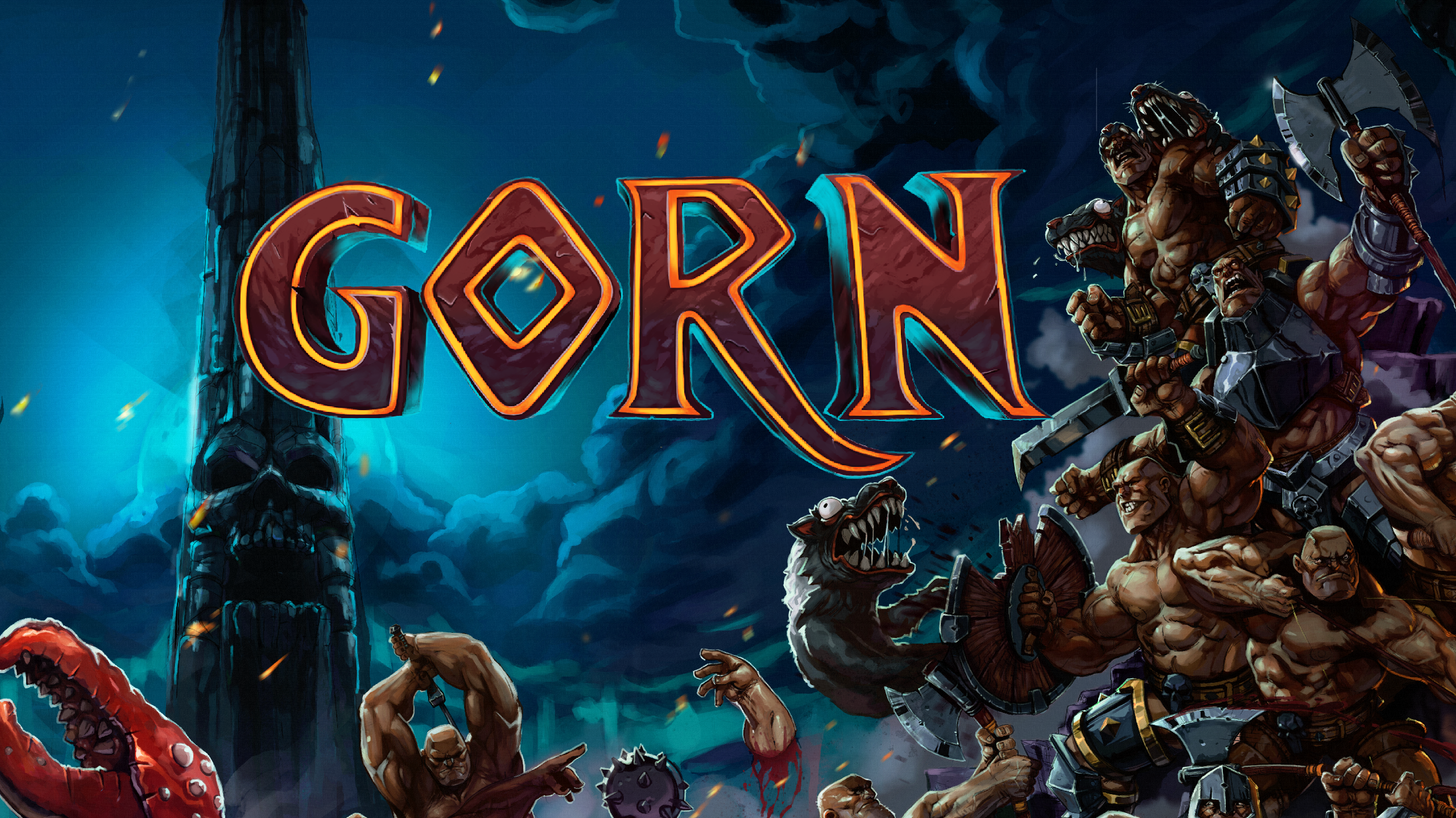 Copertina del gioco GORN, con gladiatori e bestie