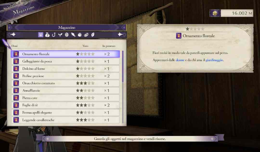 Screenshot che mostra un elenco di Regali in Fire Emblem Three Houses