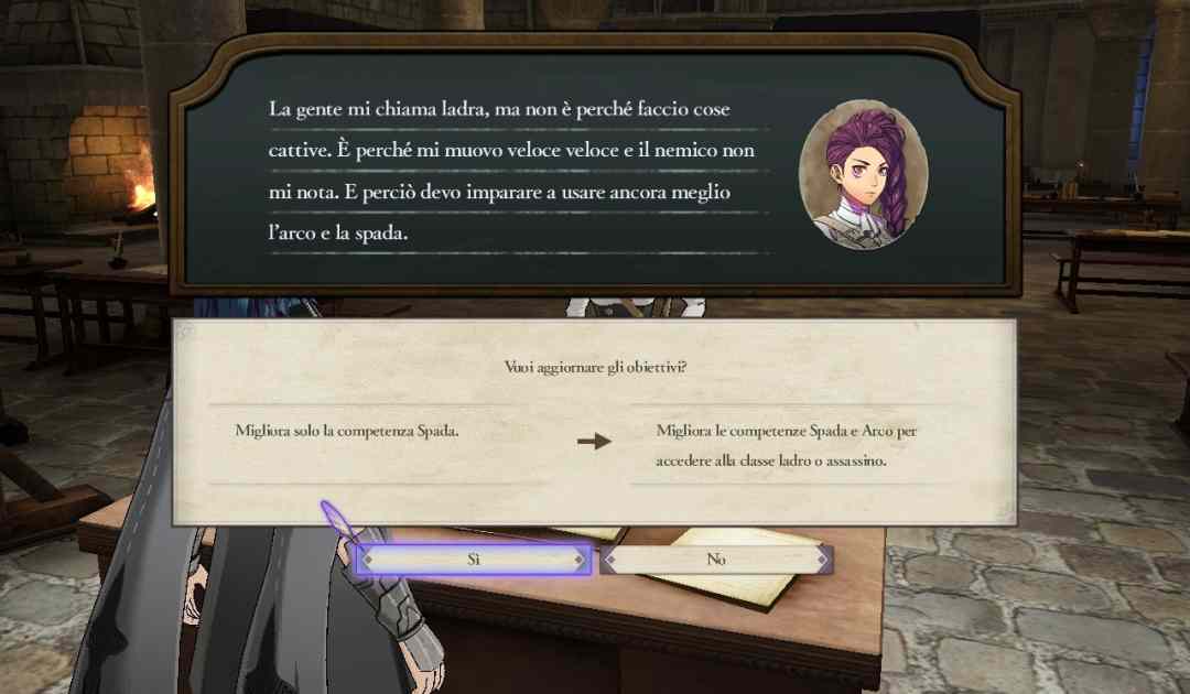 Screenshot da Fire Emblem Three Houses che mostra una studentessa chiedere consiglio al protagonista durante una lezione