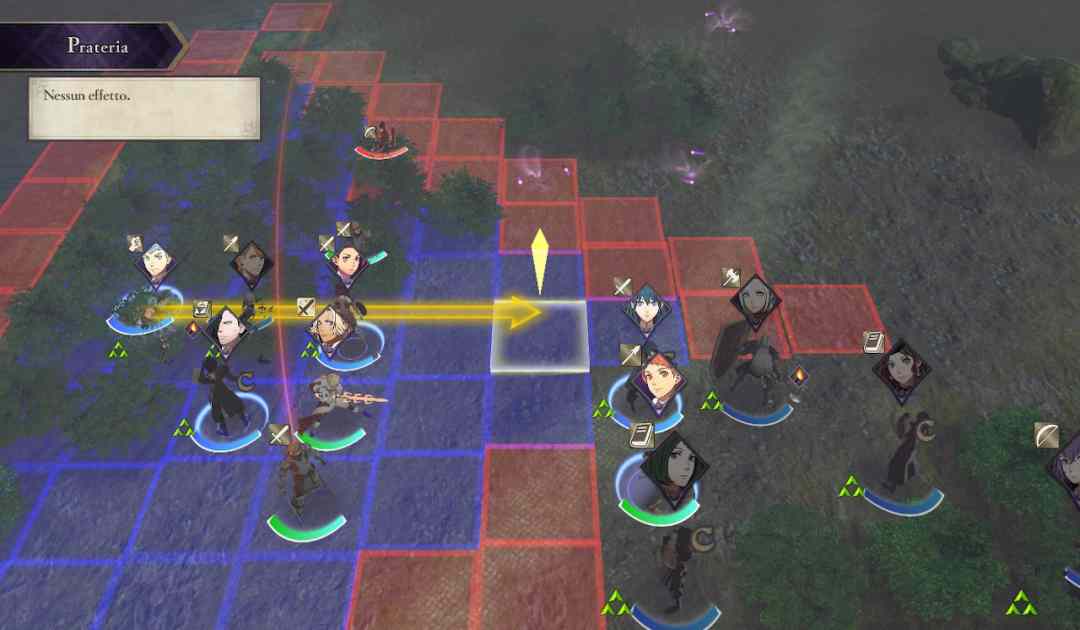 Screenshot da Fire Emblem Three Houses che mostra la griglia di battaglia