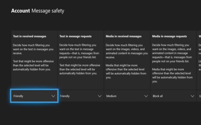 Una screen della schermata di attivazione dei filtri contro l'hate speech di Xbox One