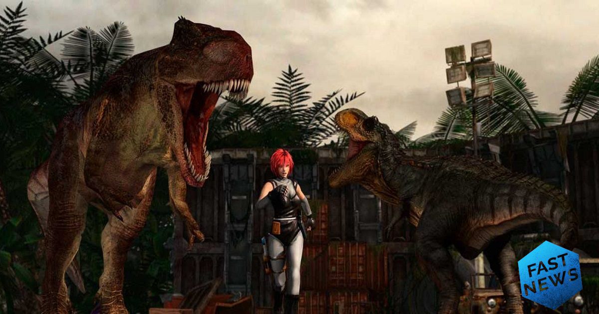 screenshot del gioco Dino Crisis con la protagonista in mezzo a T-Rex