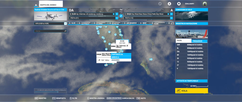 Pianificazione di un viaggio sulla mappa di Microsoft Flight Simulator