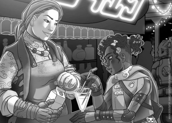 Illustrazione interna del gioco di ruolo Flotsam: Personaggi al bancone di un bar
