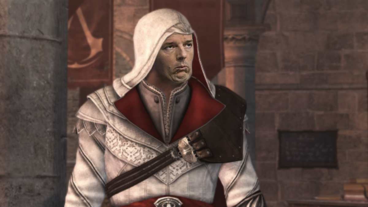 Il segretario di Italia Viva Matteo Renzi, con indosso il mantello di Ezio Auditore